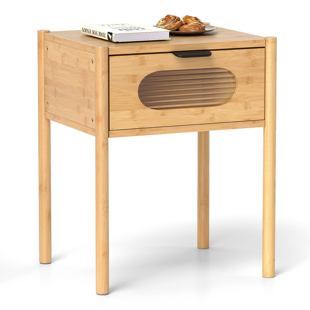 Bamboo Nightstand Square Tall End Table with Decorated Drawer-Natural view 4