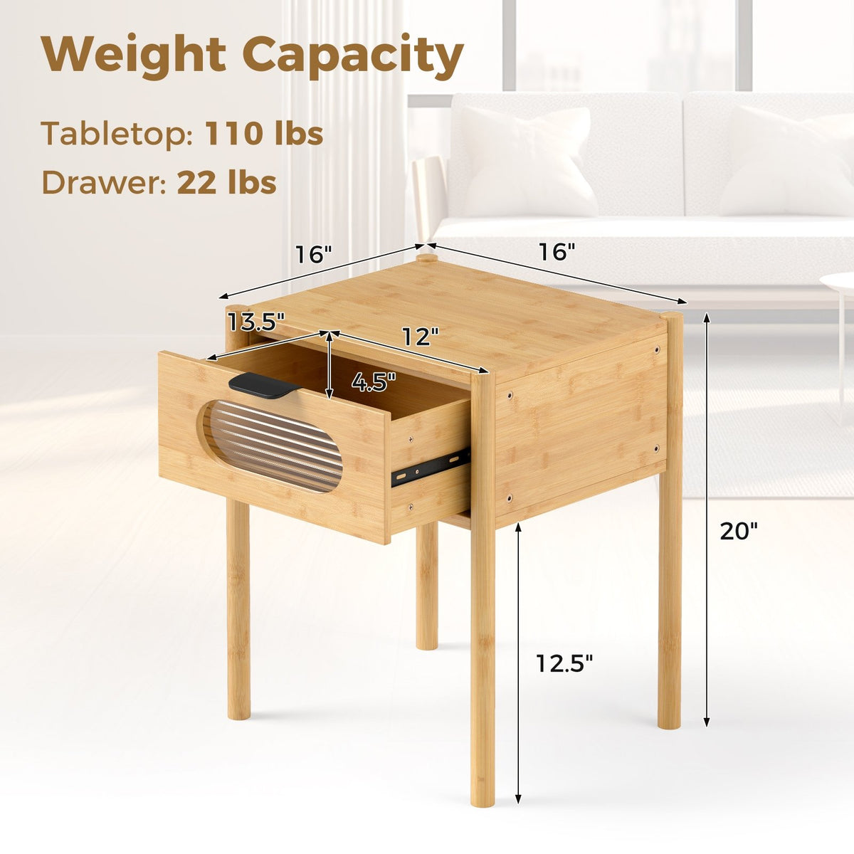 Bamboo Nightstand Square Tall End Table with Decorated Drawer-Natural view 5
