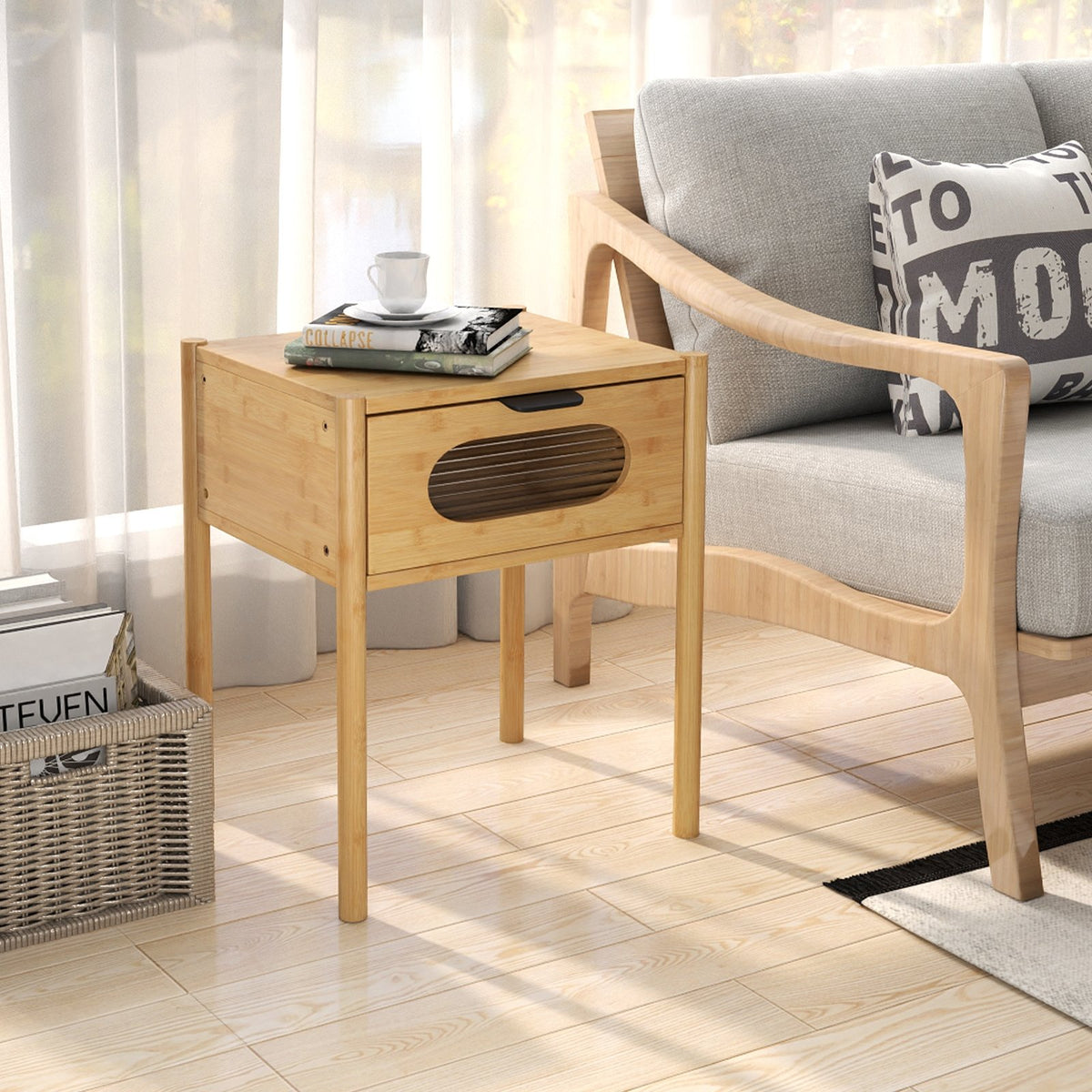 Bamboo Nightstand Square Tall End Table with Decorated Drawer-Natural view 6