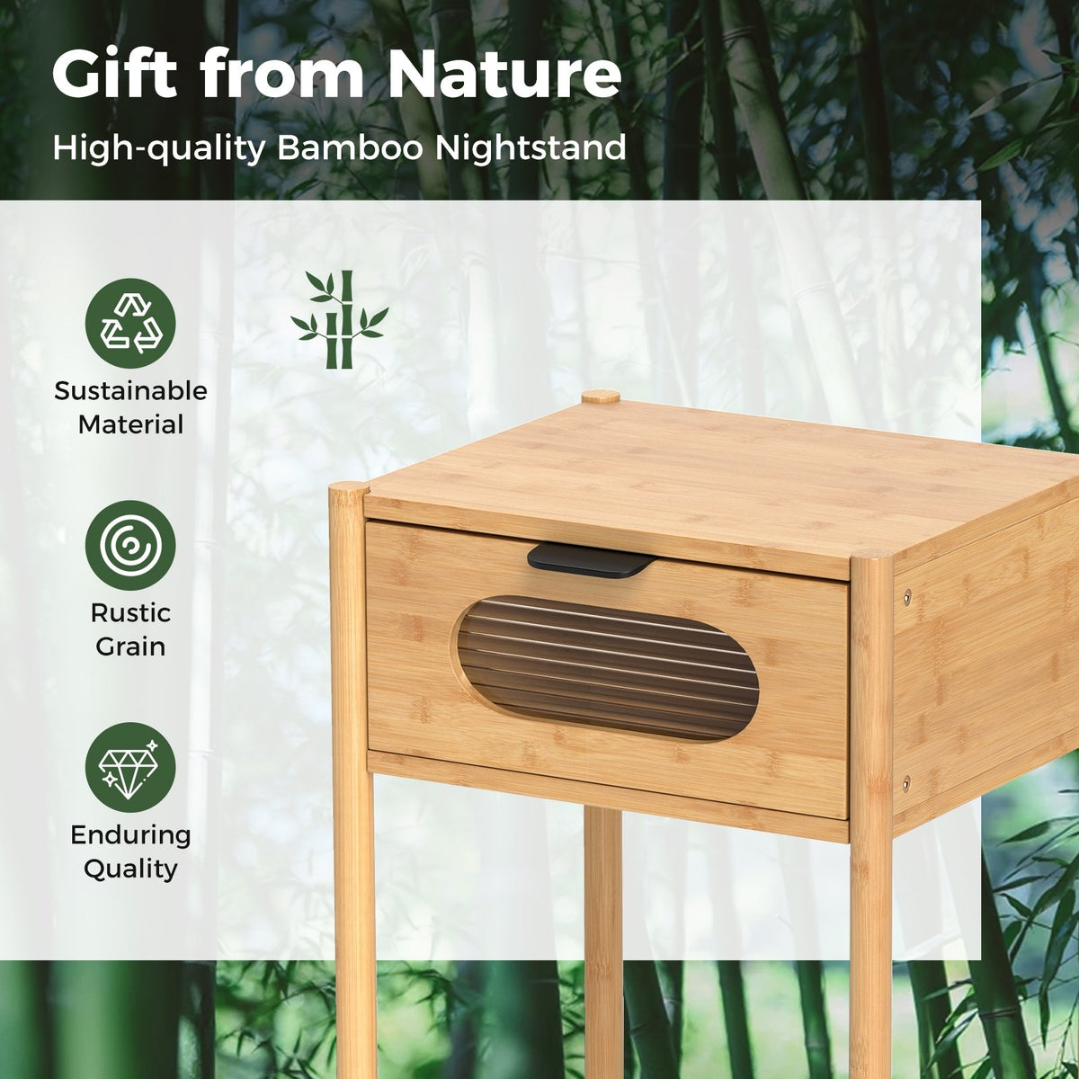 Bamboo Nightstand Square Tall End Table with Decorated Drawer-Natural view 8