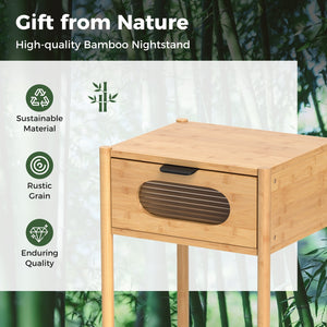 Bamboo Nightstand Square Tall End Table with Decorated Drawer-Natural view 8