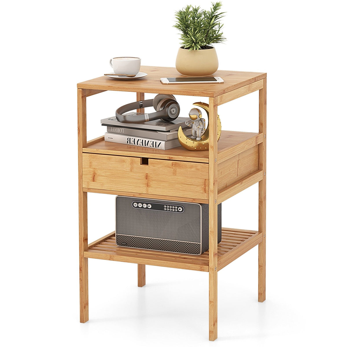 Bamboo Nightstand with Storage Drawer and Slatted Shelf-1 Piece