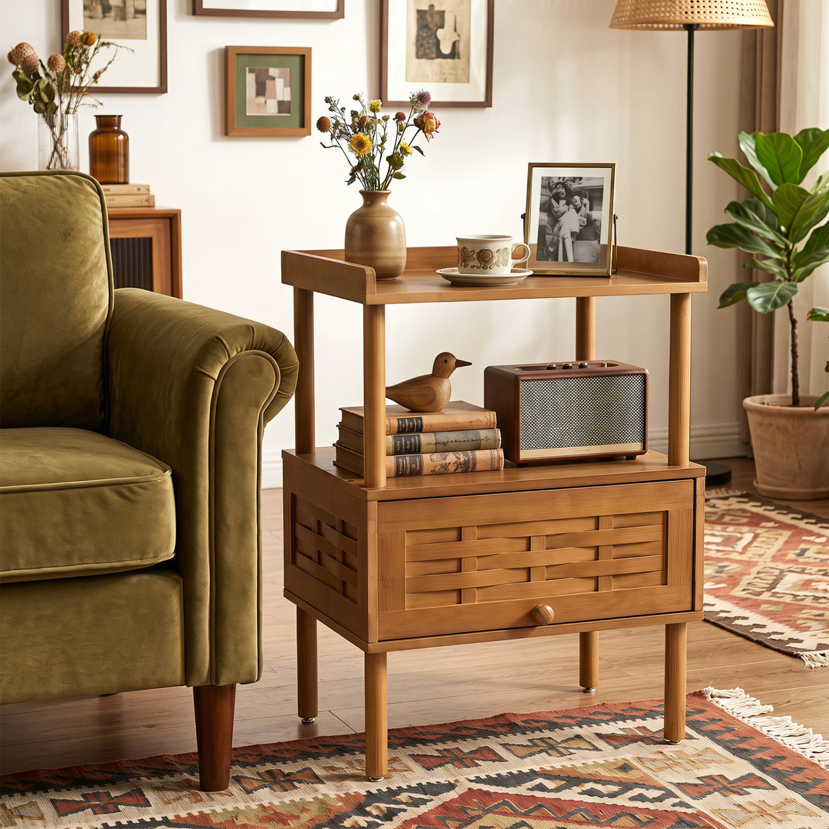 Bamboo Rattan Nightstand with Raised Edge Flip-Up Door and Open Shelf-Walnut view 2