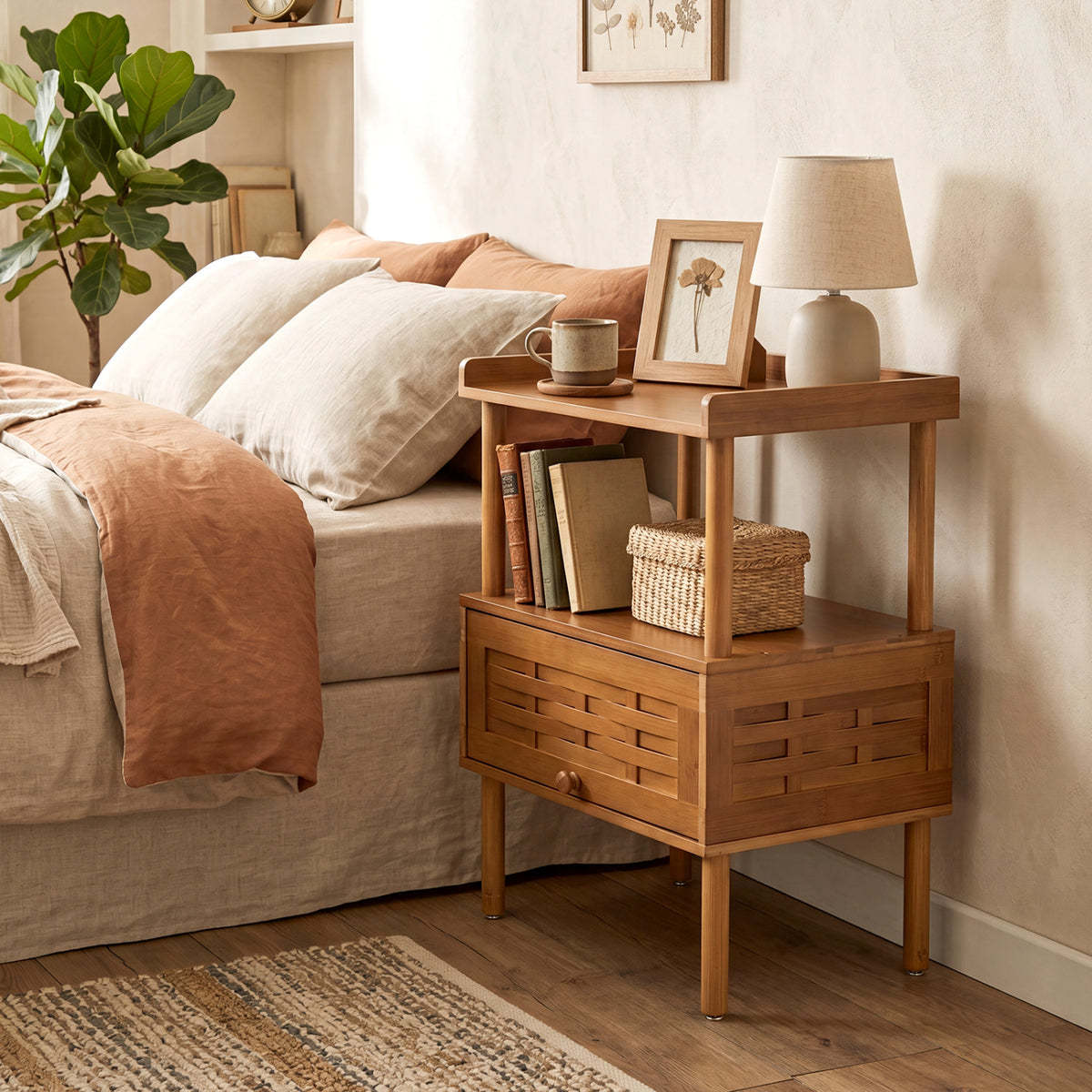 Bamboo Rattan Nightstand with Raised Edge Flip-Up Door and Open Shelf-Walnut view 3