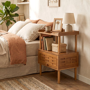 Bamboo Rattan Nightstand with Raised Edge Flip-Up Door and Open Shelf-Walnut view 3