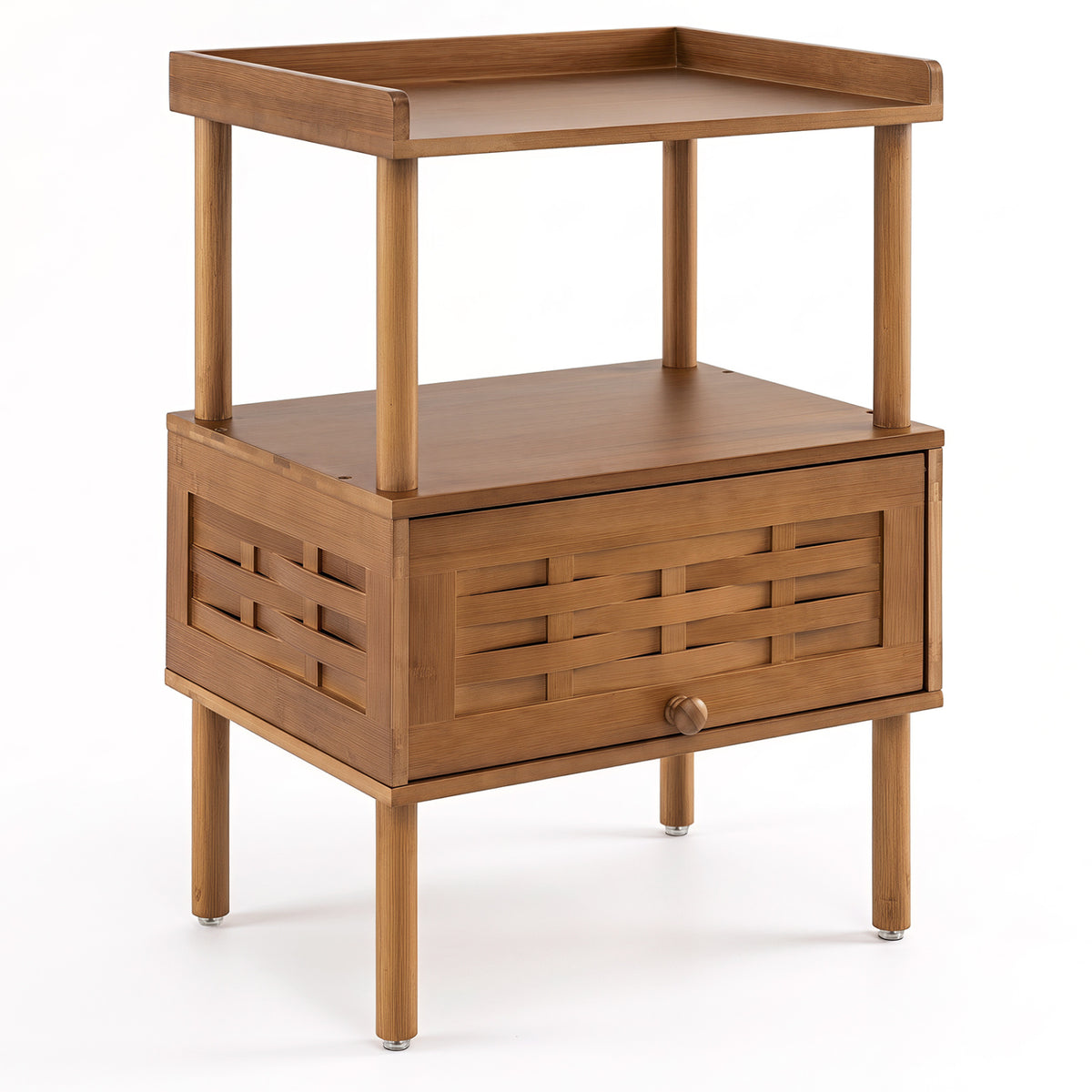 Bamboo Rattan Nightstand with Raised Edge Flip-Up Door and Open Shelf-Walnut view 4