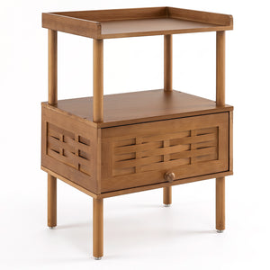 Bamboo Rattan Nightstand with Raised Edge Flip-Up Door and Open Shelf-Walnut view 4