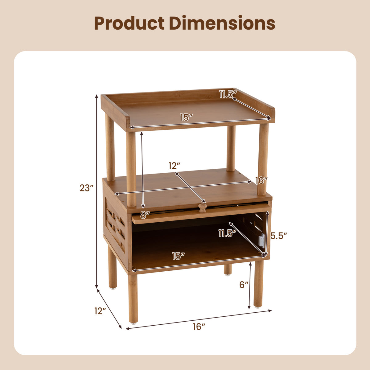Bamboo Rattan Nightstand with Raised Edge Flip-Up Door and Open Shelf-Walnut view 5
