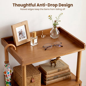 Bamboo Rattan Nightstand with Raised Edge Flip-Up Door and Open Shelf-Walnut view 6