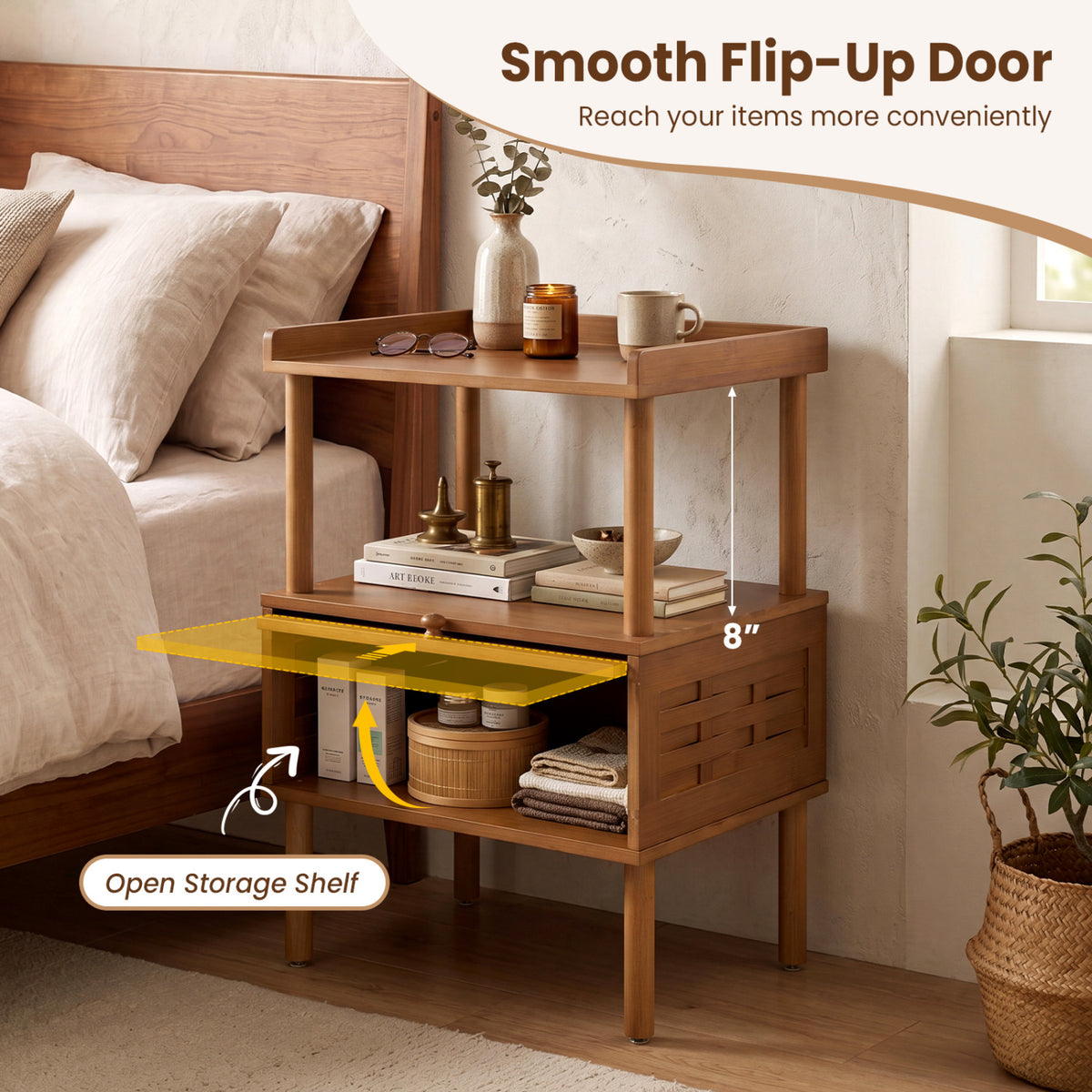 Bamboo Rattan Nightstand with Raised Edge Flip-Up Door and Open Shelf-Walnut view 7