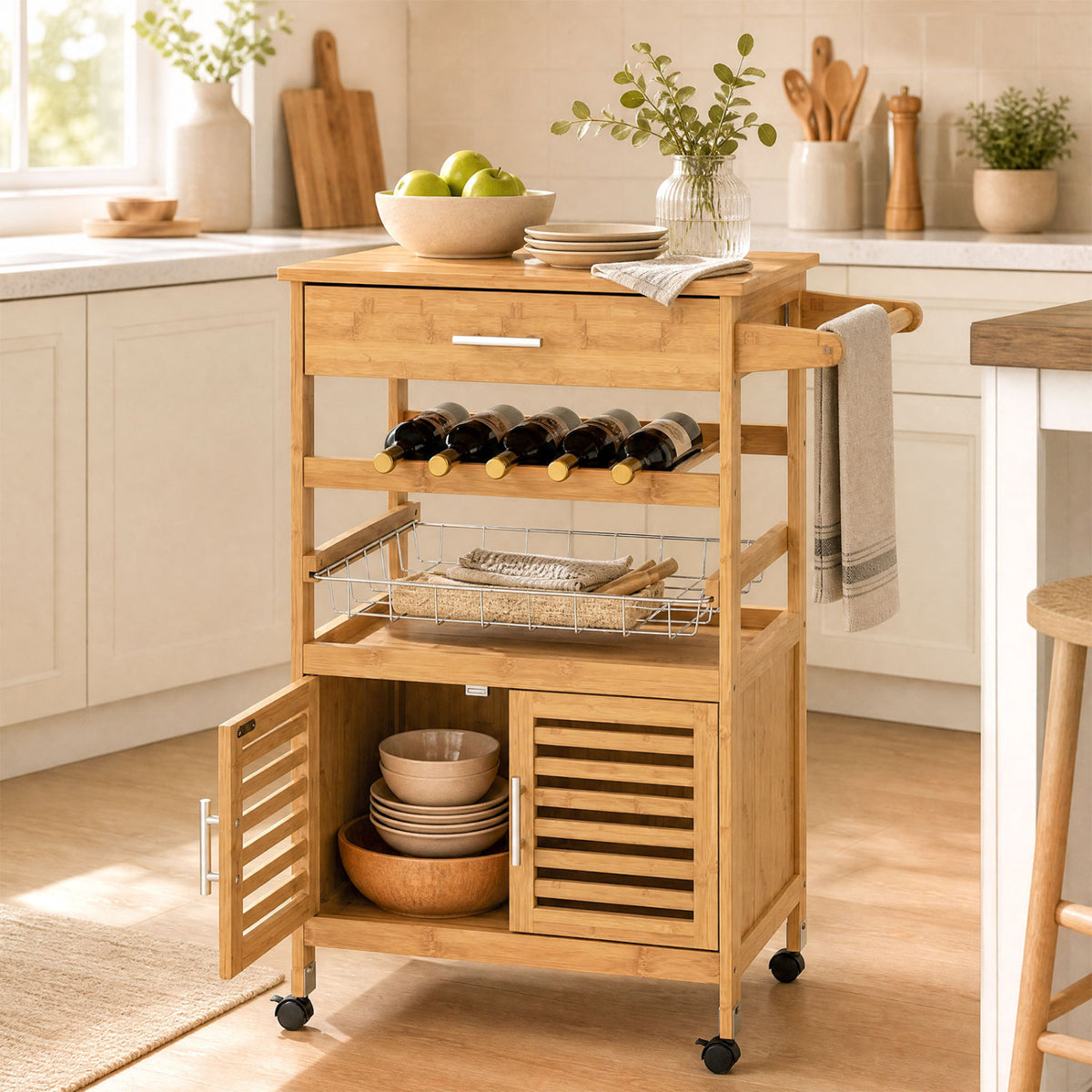 Bamboo Rolling Kitchen Island Trolley with Storage Cabinet and Wine Rack-Natural view 2