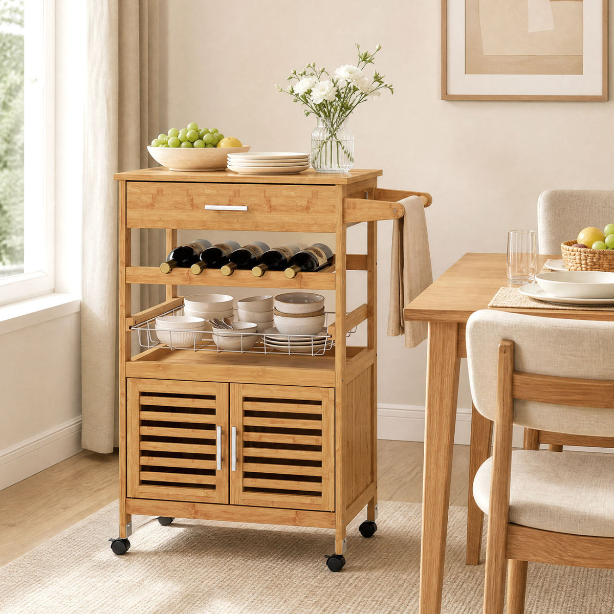 Bamboo Rolling Kitchen Island Trolley with Storage Cabinet and Wine Rack-Natural view 3