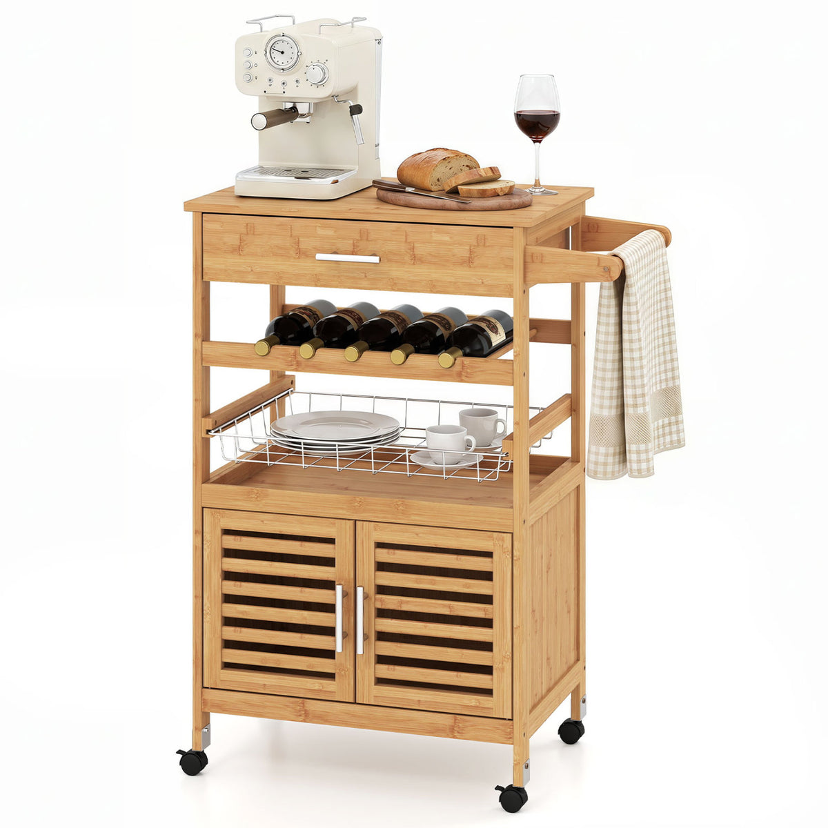 Bamboo Rolling Kitchen Island Trolley with Storage Cabinet and Wine Rack-Natural view 4