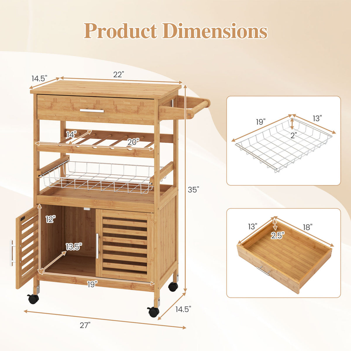 Bamboo Rolling Kitchen Island Trolley with Storage Cabinet and Wine Rack-Natural view 5