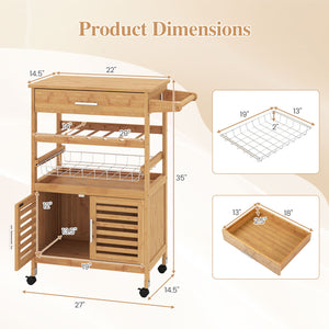 Bamboo Rolling Kitchen Island Trolley with Storage Cabinet and Wine Rack-Natural view 5