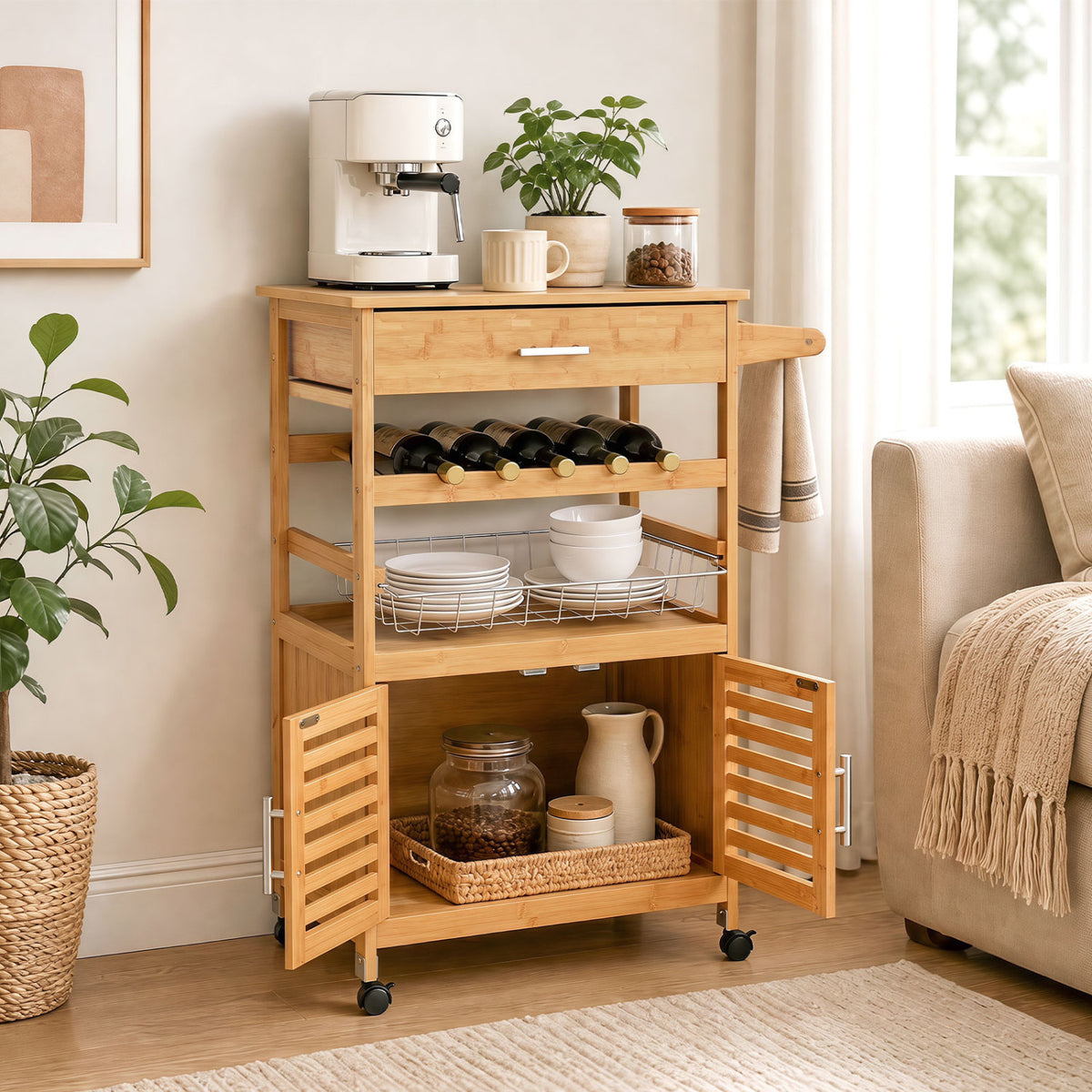 Bamboo Rolling Kitchen Island Trolley with Storage Cabinet and Wine Rack-Natural view 6