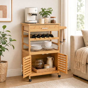 Bamboo Rolling Kitchen Island Trolley with Storage Cabinet and Wine Rack-Natural view 6
