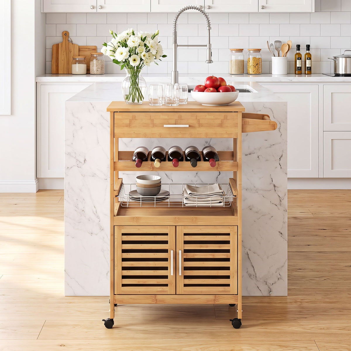 Bamboo Rolling Kitchen Island Trolley with Storage Cabinet and Wine Rack-Natural view 7