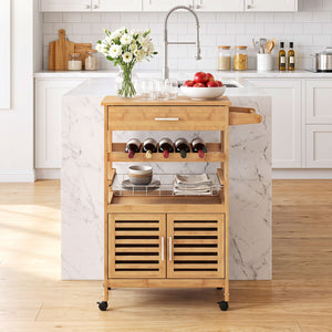 Bamboo Rolling Kitchen Island Trolley with Storage Cabinet and Wine Rack-Natural view 7