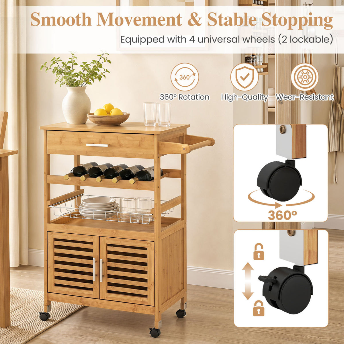 Bamboo Rolling Kitchen Island Trolley with Storage Cabinet and Wine Rack-Natural view 8