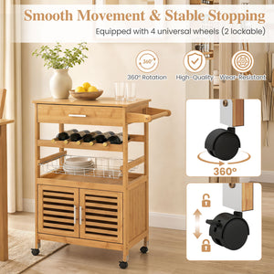 Bamboo Rolling Kitchen Island Trolley with Storage Cabinet and Wine Rack-Natural view 8