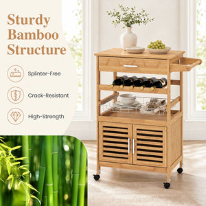 Bamboo Rolling Kitchen Island Trolley with Storage Cabinet and Wine Rack-Natural view 9