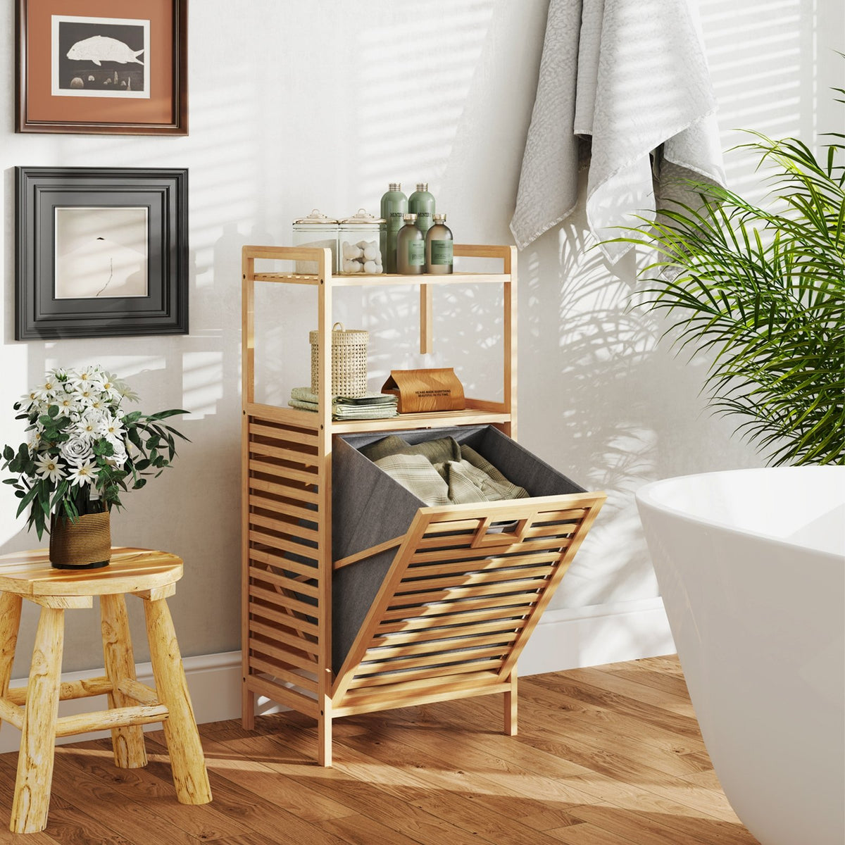 Bamboo Tilt out Laundry Hamper with Foldable and Removable Basket-Natural view 2