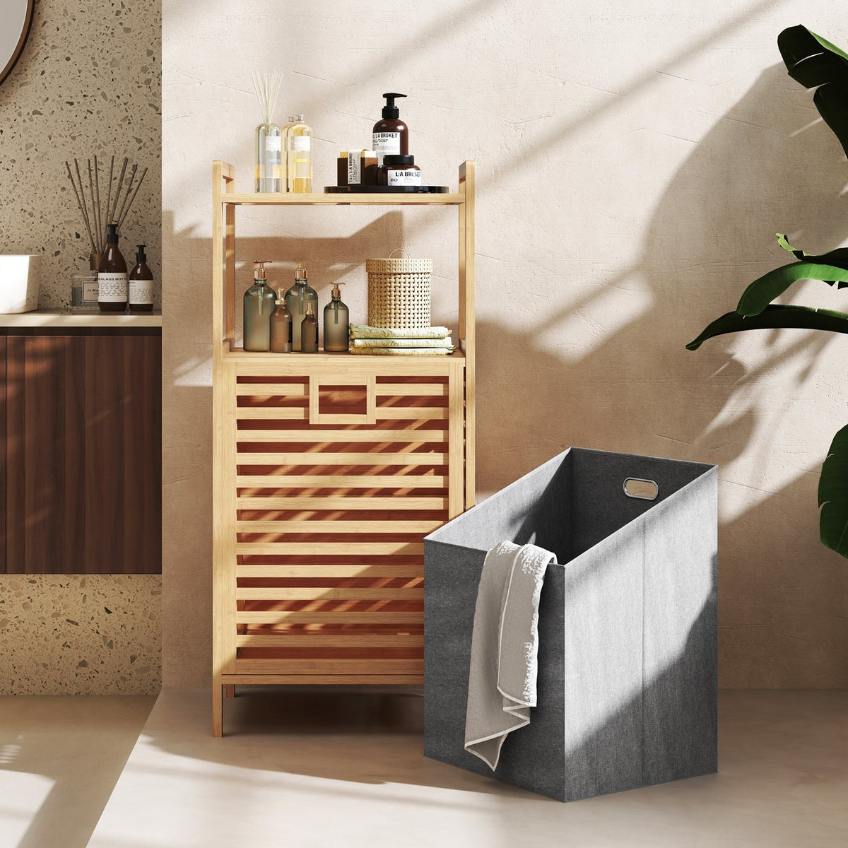 Bamboo Tilt out Laundry Hamper with Foldable and Removable Basket-Natural view 3