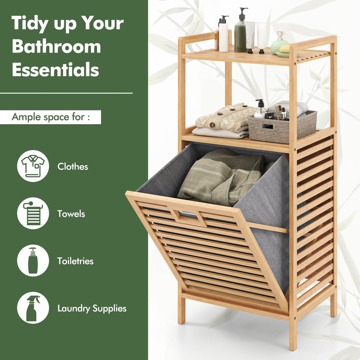 Bamboo Tilt out Laundry Hamper with Foldable and Removable Basket-Natural view 7