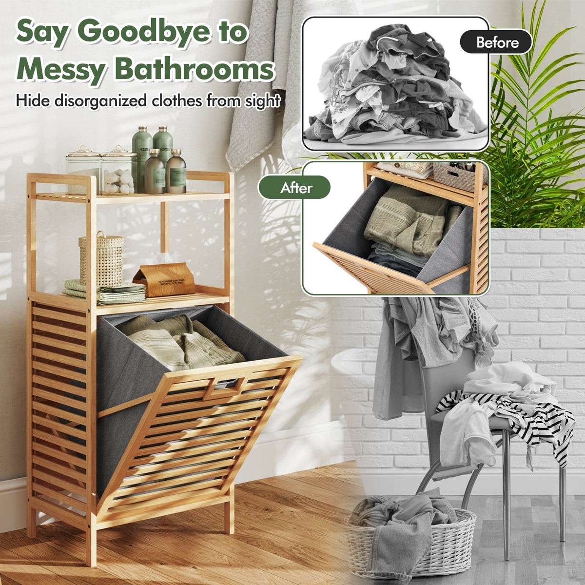 Bamboo Tilt out Laundry Hamper with Foldable and Removable Basket-Natural view 8