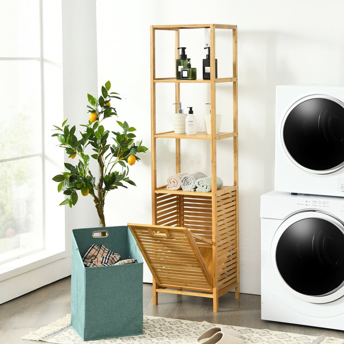 Bamboo Tower Hamper Organizer with 3-Tier Storage Shelves-Natural view 3