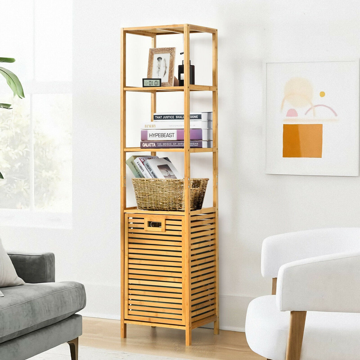 Bamboo Tower Hamper Organizer with 3-Tier Storage Shelves-Natural view 7
