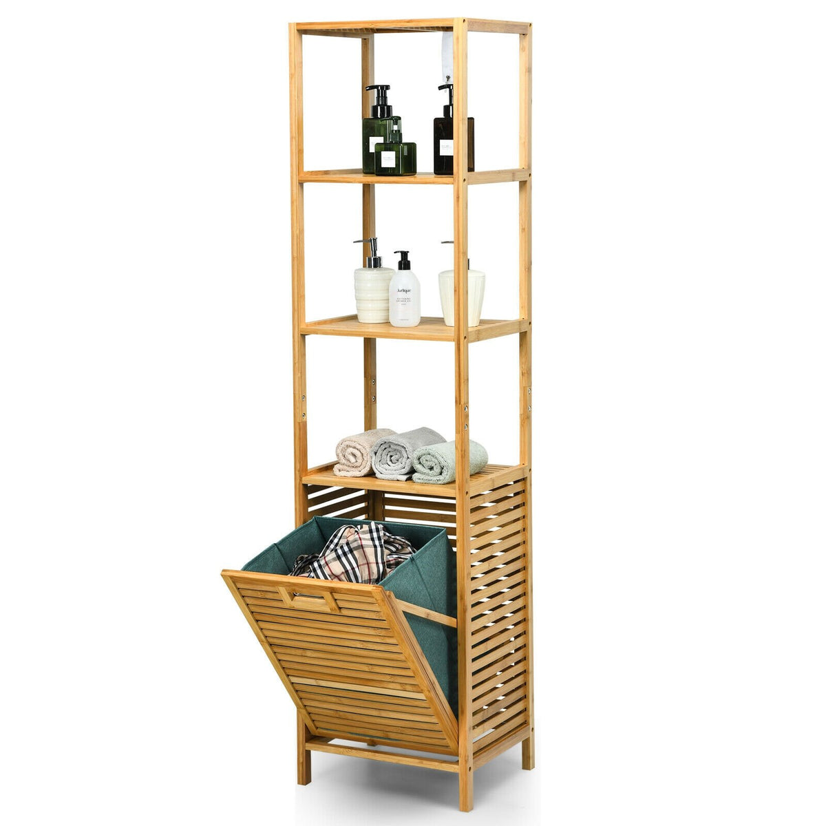 Bamboo Tower Hamper Organizer with 3-Tier Storage Shelves-Natural view 8