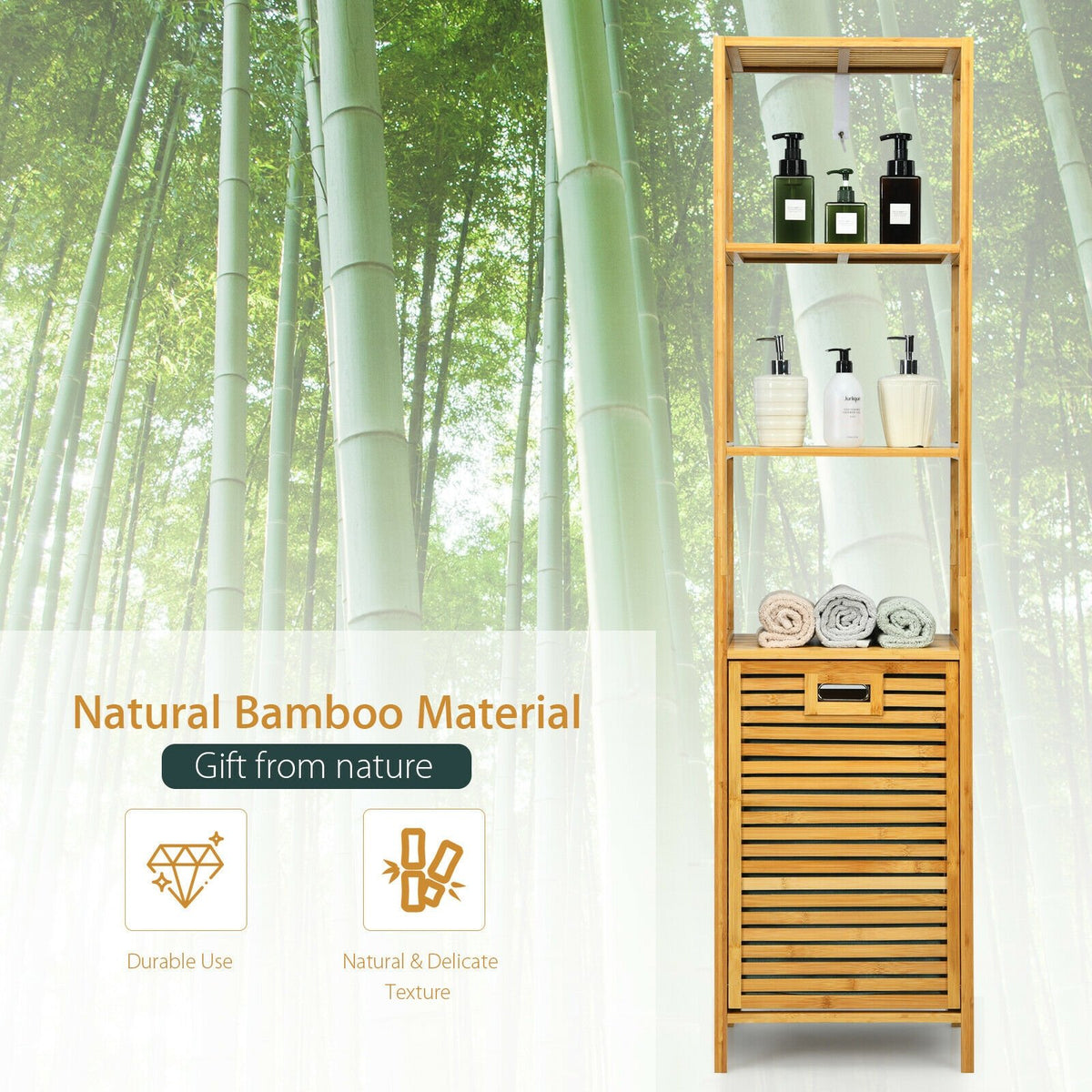 Bamboo Tower Hamper Organizer with 3-Tier Storage Shelves-Natural view 9