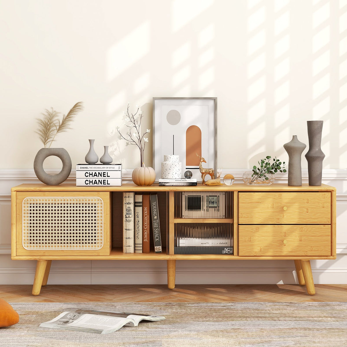 Bamboo TV Stand for TV up to 65 Inch-Natural view 2