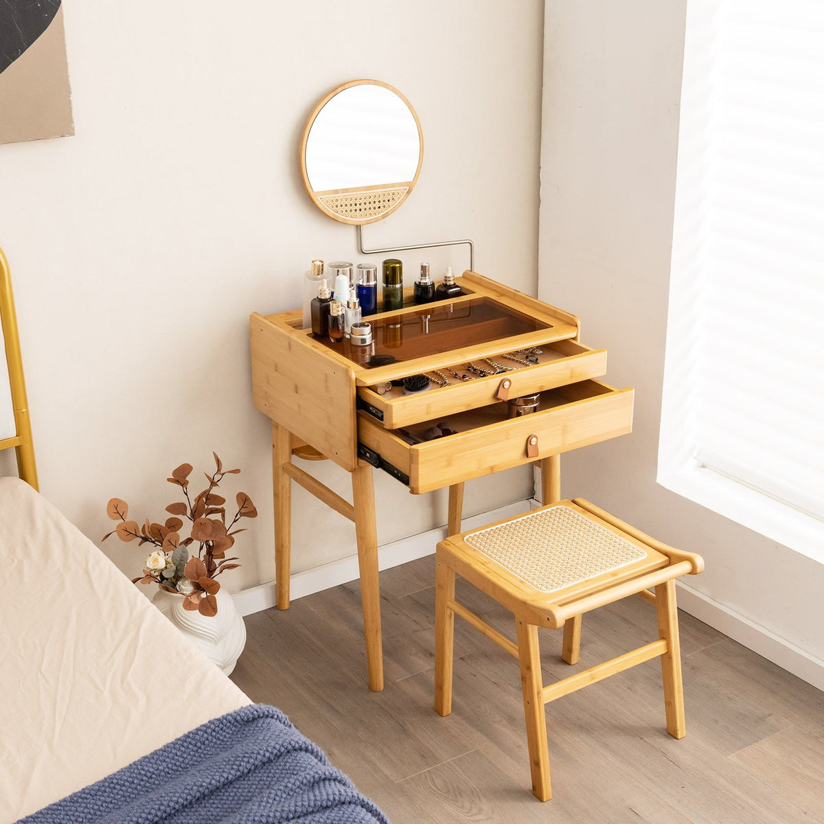Bamboo Vanity Stool with Rattan Top and Reinforcement Bar-Natural view 3
