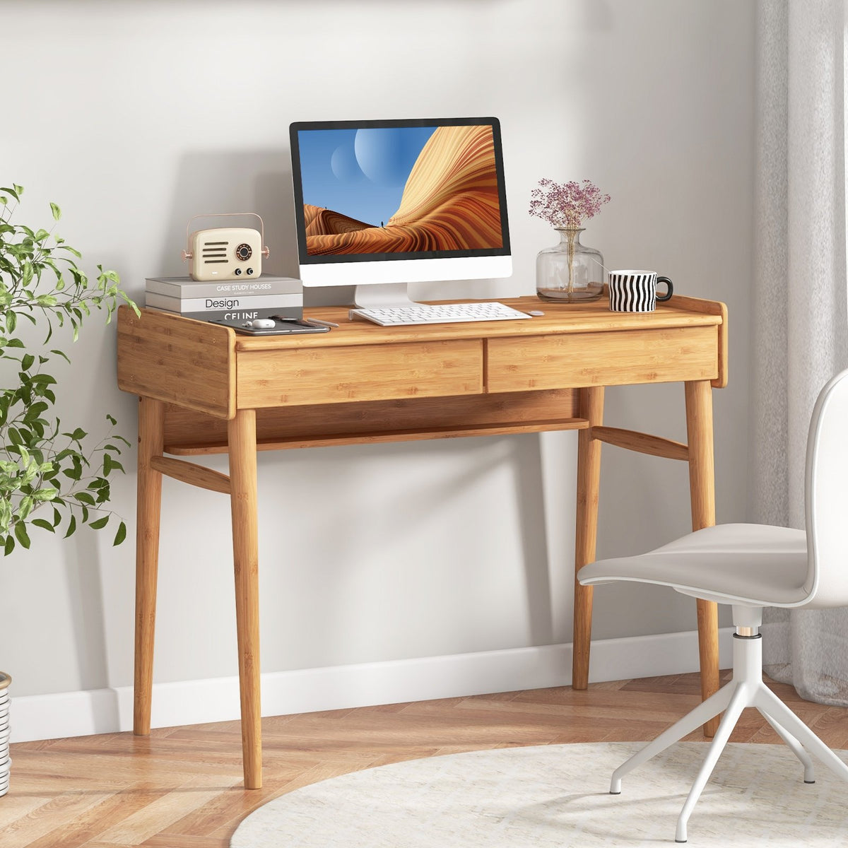 Bamboo Writing Desk with 2 Storage Drawers and Open Shelf-Natural view 2
