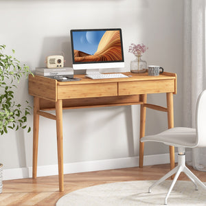 Bamboo Writing Desk with 2 Storage Drawers and Open Shelf-Natural view 2