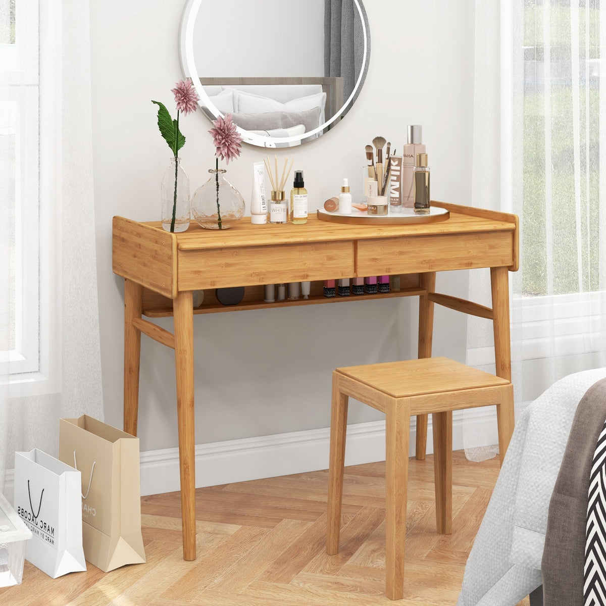 Bamboo Writing Desk with 2 Storage Drawers and Open Shelf-Natural view 3