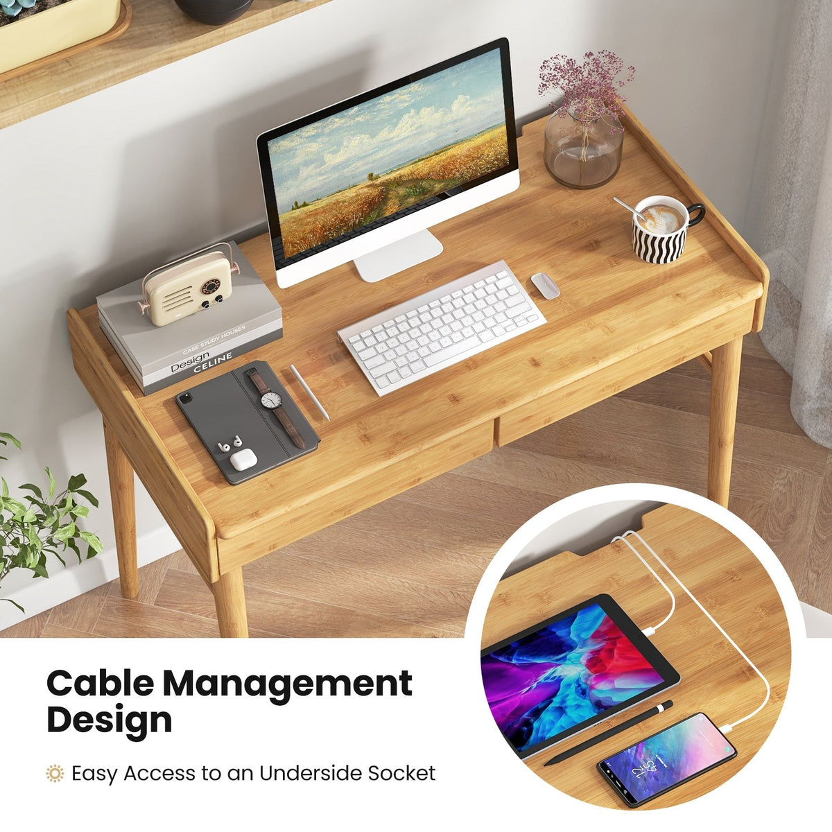 Bamboo Writing Desk with 2 Storage Drawers and Open Shelf-Natural view 7