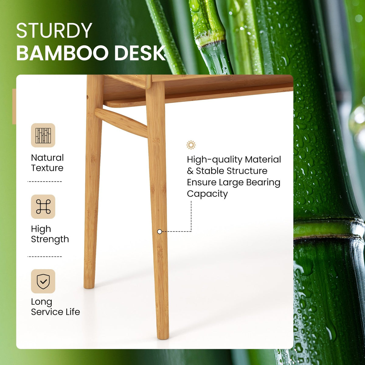 Bamboo Writing Desk with 2 Storage Drawers and Open Shelf-Natural view 8