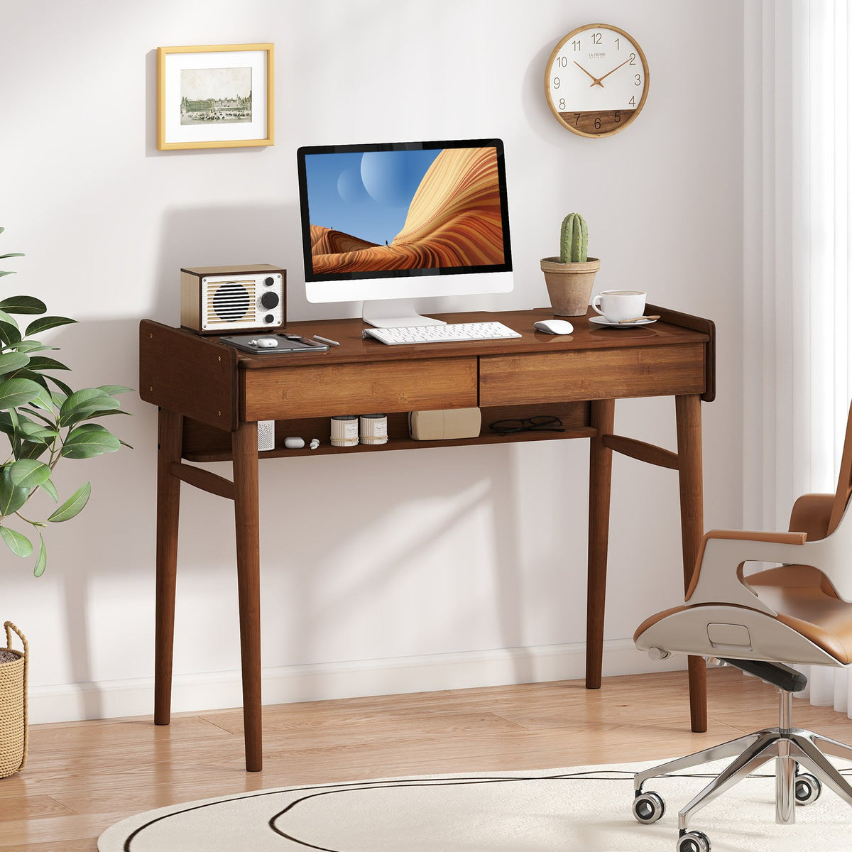 Bamboo Writing Desk with 2 Storage Drawers and Open Shelf-Walnut view 2