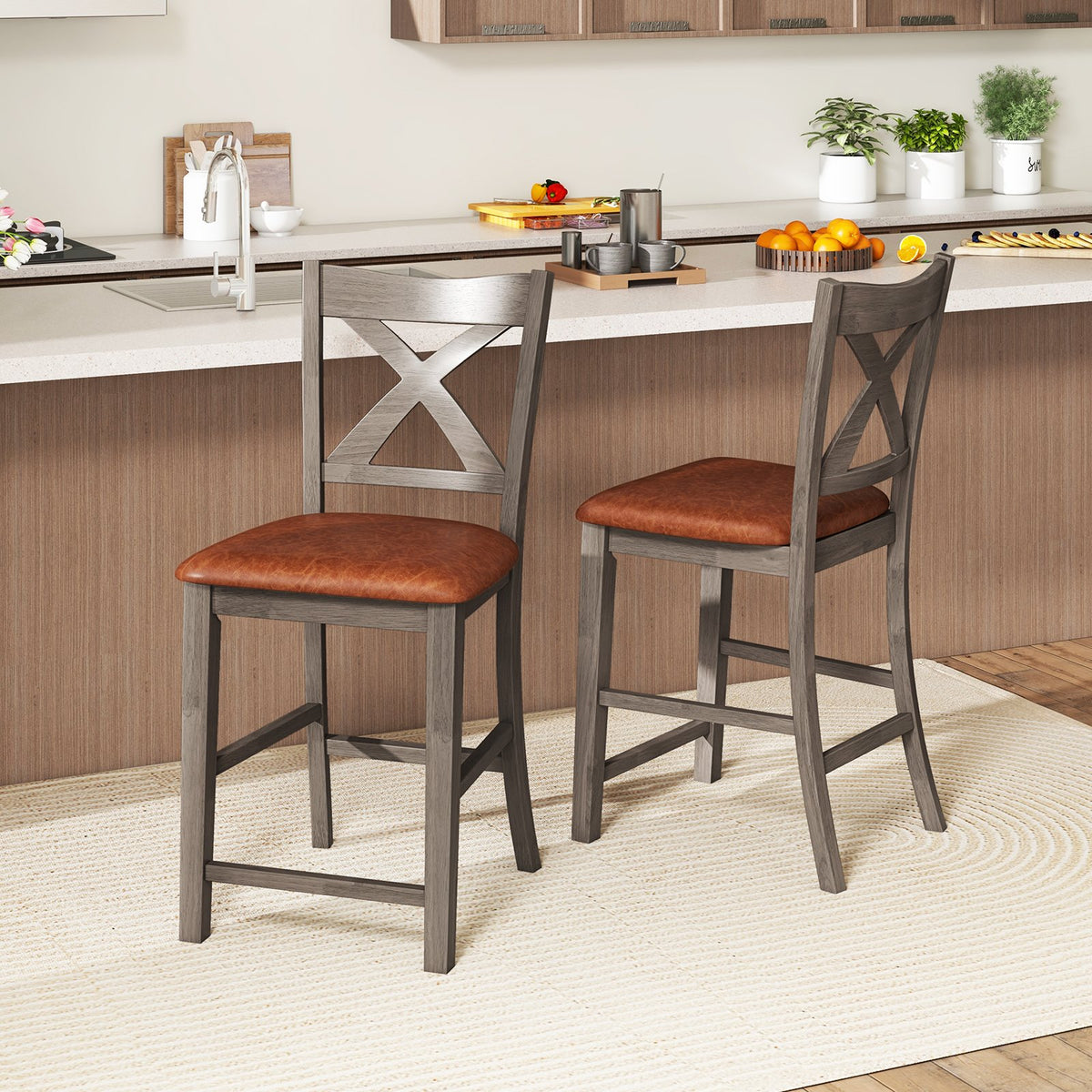 Bar Stools Set of 2 with Cross Back and Faux Leather Upholstered Seat-Gray view 2