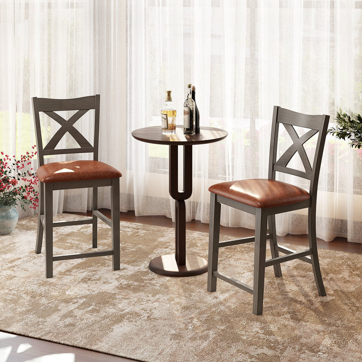 Bar Stools Set of 2 with Cross Back and Faux Leather Upholstered Seat-Gray view 3
