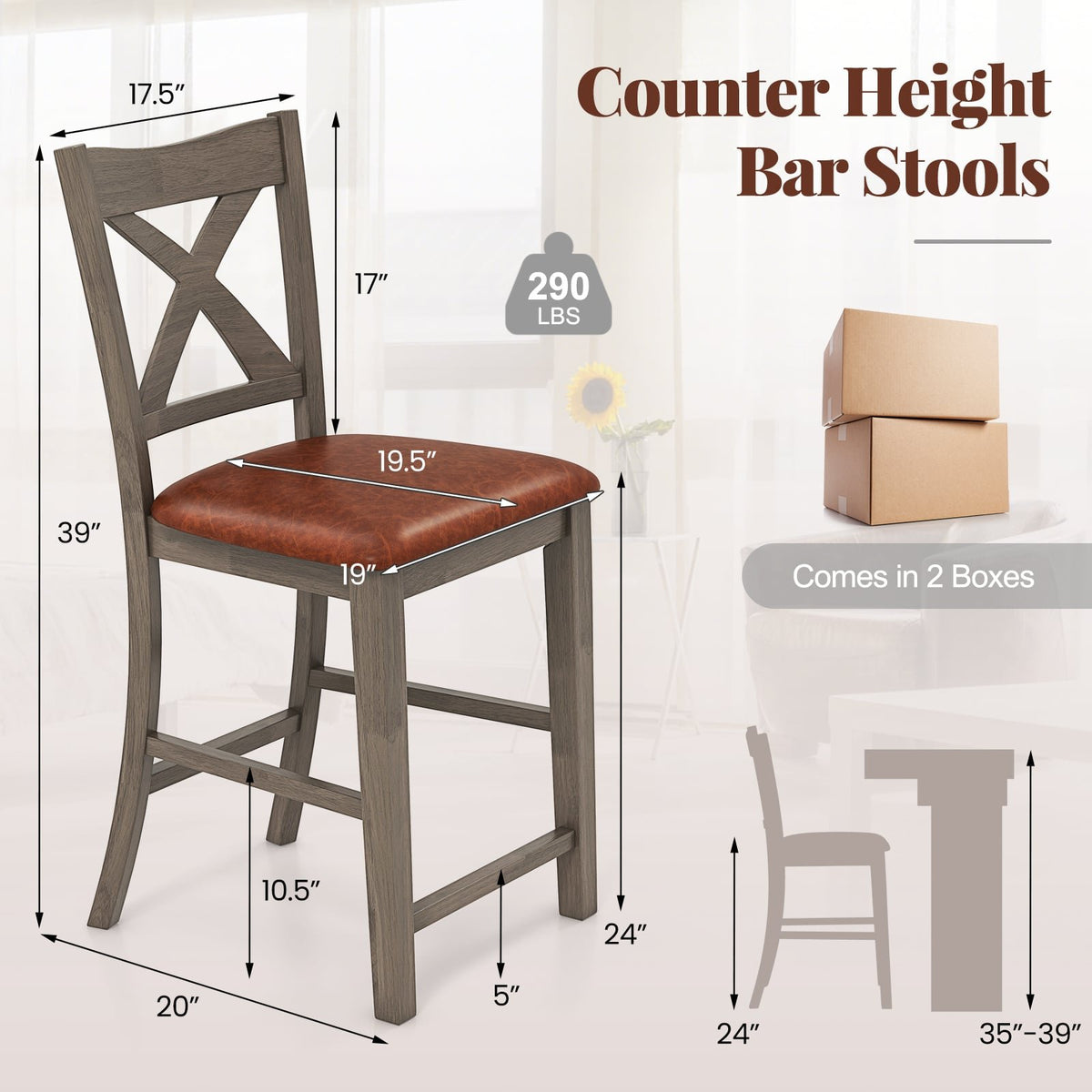 Bar Stools Set of 2 with Cross Back and Faux Leather Upholstered Seat-Gray view 4