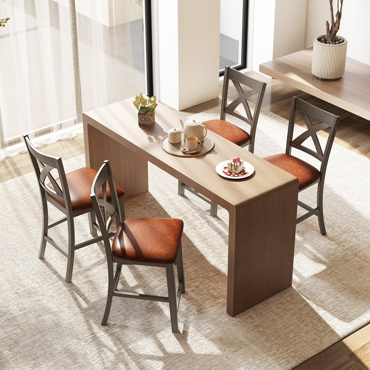 Bar Stools Set of 2 with Cross Back and Faux Leather Upholstered Seat-Gray view 5