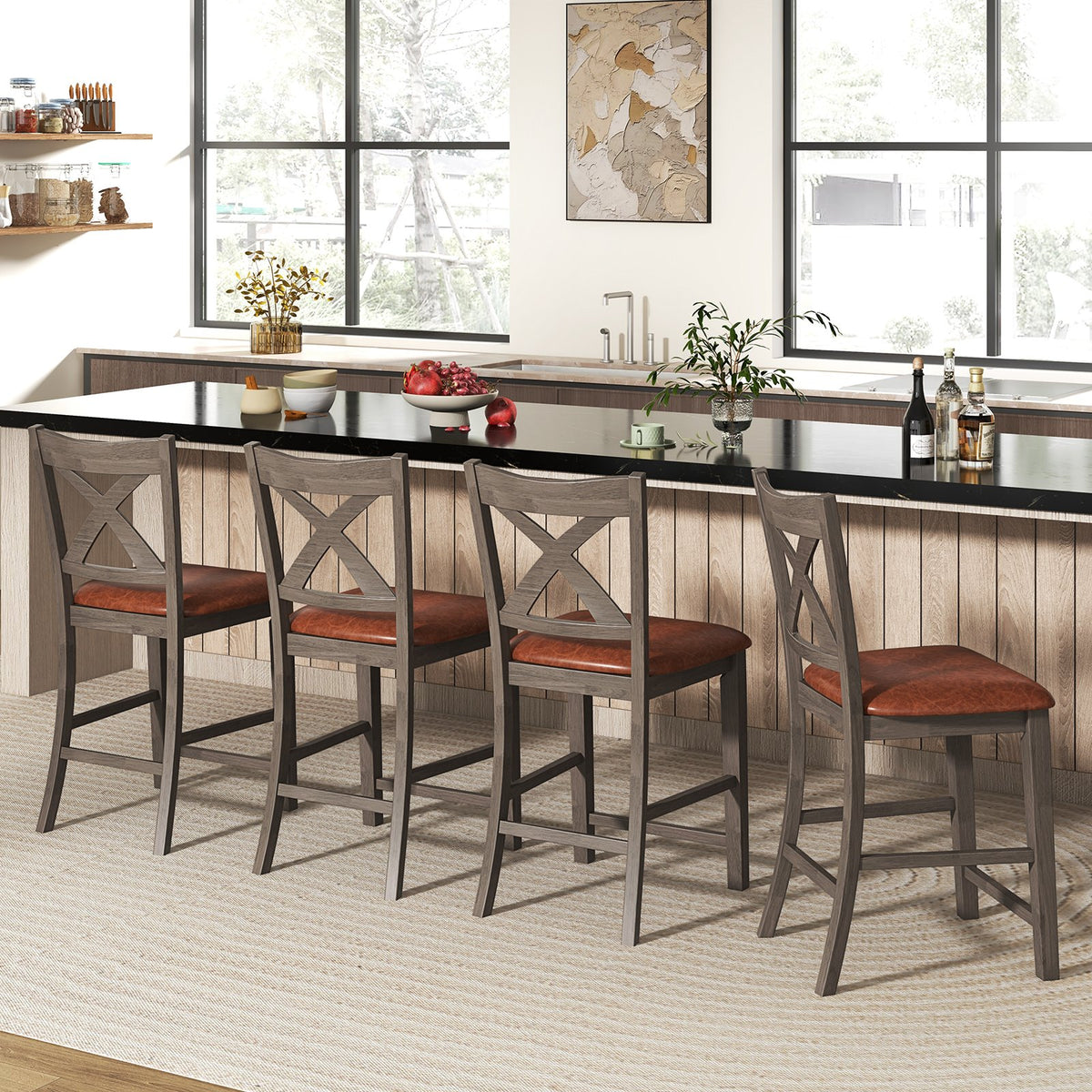 Bar Stools Set of 2 with Cross Back and Faux Leather Upholstered Seat-Gray view 6