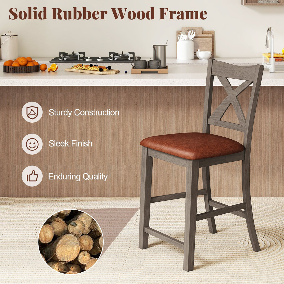 Bar Stools Set of 2 with Cross Back and Faux Leather Upholstered Seat-Gray view 7