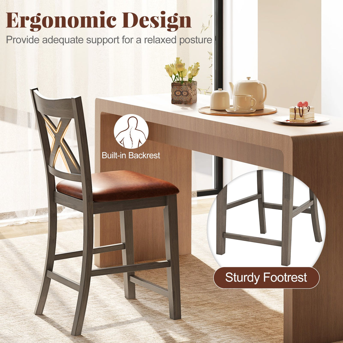 Bar Stools Set of 2 with Cross Back and Faux Leather Upholstered Seat-Gray view 8