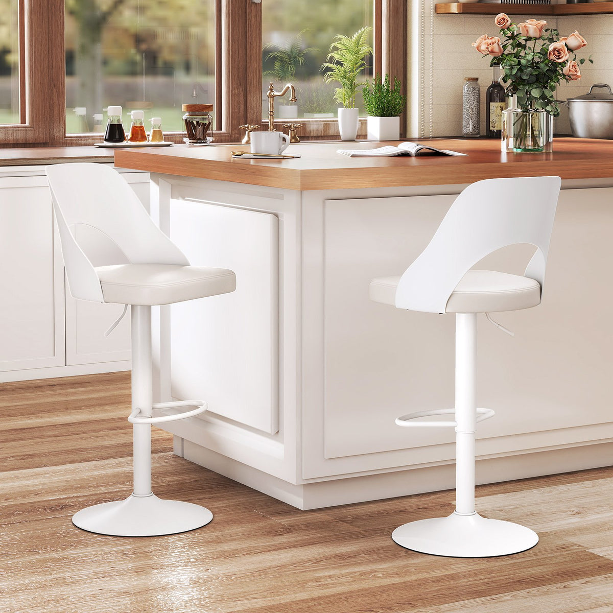 Bar Stools Set of 2 with Enlarged PU Leather Seat and Footrest-White view 2